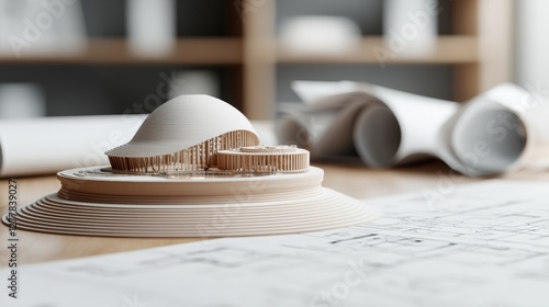 A detailed architectural model on a drafting table with blueprints and a creative workspace background. photo