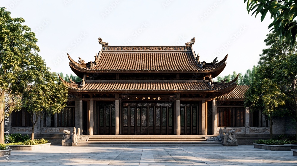Fototapeta premium Traditional Asian temple with intricate wooden architecture.