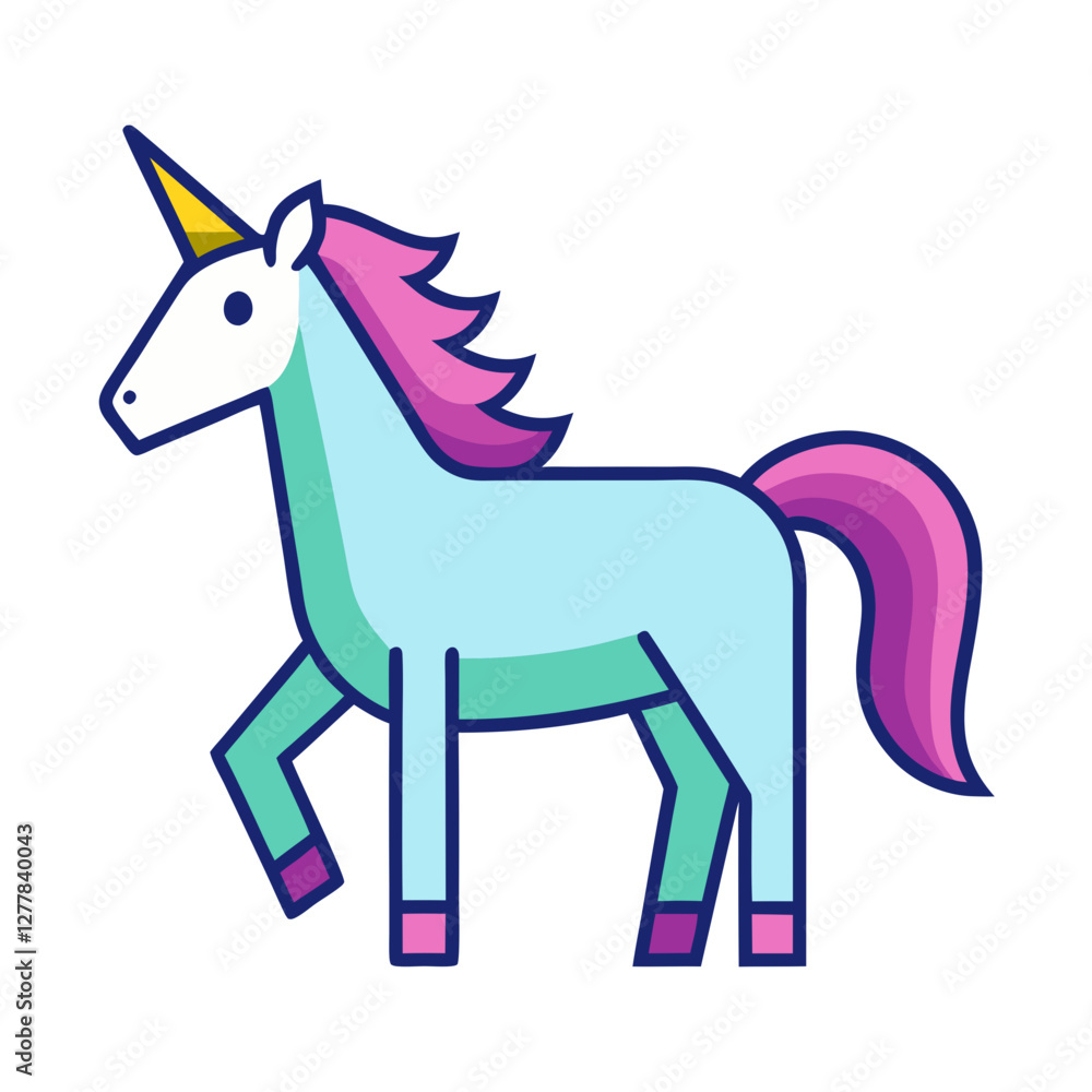 Cartoon Unicorn with Pink and Blue Mane and Tail, A vector illustration of a cute cartoon unicorn with a pink and blue mane, tail, and horn, ideal for fantasy and children’s designs.
Cartoon Unicorn with Pink and Blue Mane and Tail, A vector illustration of a cute cartoon unicorn with a pink and blue mane, tail, and horn, ideal for fantasy and children’s designs.