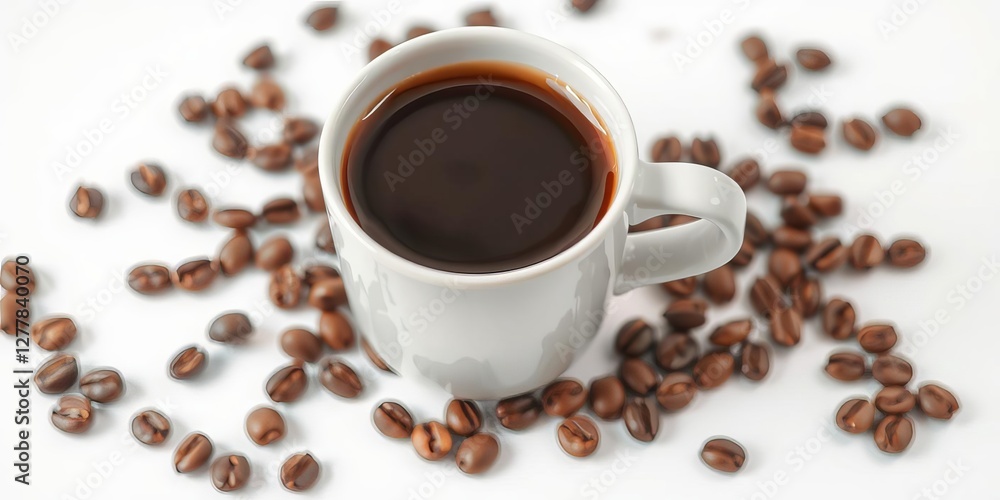Obraz premium White porcelain cup filled with roasted coffee beans on a white background with empty space for text or design, espresso, ceramic
