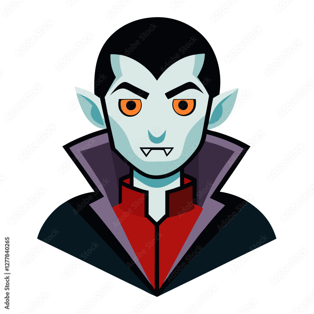 Cartoon Dracula Vampire Vector with Orange Eyes and Fangs, A playful vector illustration of a cartoon Dracula vampire with orange eyes, sharp fangs, and a red collar, perfect for Halloween designs.
Cartoon Dracula Vampire Vector with Orange Eyes and Fangs, A playful vector illustration of a cartoon Dracula vampire with orange eyes, sharp fangs, and a red collar, perfect for Halloween designs.
