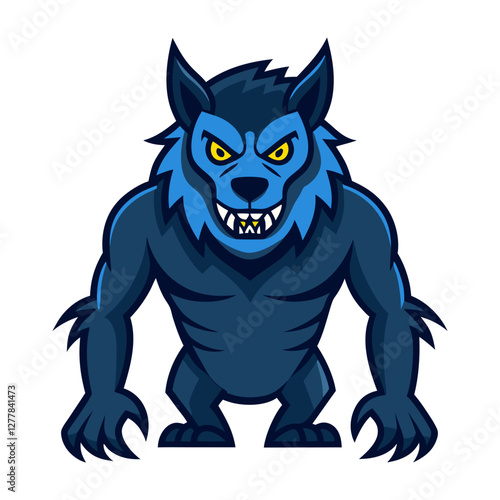 Cartoon Werewolf with Blue Fur and Sharp Teeth Vector, A vector illustration of a fierce cartoon werewolf with blue fur, yellow eyes, and sharp teeth, perfect for Halloween and fantasy themes.
