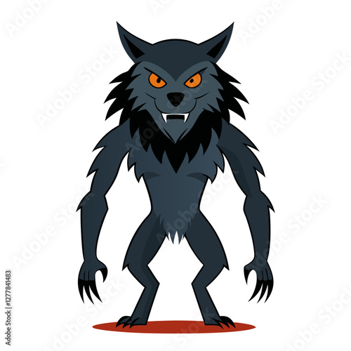 Cartoon Werewolf with Sharp Teeth and Orange Eyes Vector, A vector illustration of a cartoon werewolf with sharp teeth, orange eyes, and a dark, furry body, perfect for Halloween and fantasy themes.
