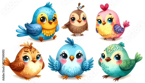Watercolor Clipart set of a colorful funny and cute bird. Watercolor clipart illustration isolated on a white background