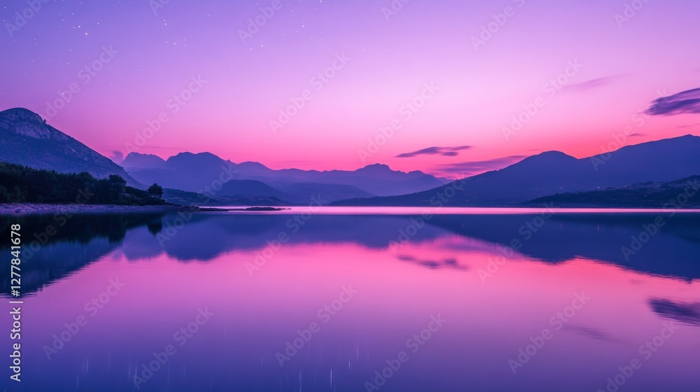 Fototapeta premium Ripples on a mirror calm lac de Codole in the Balagne region of Corsica at dawn with a pink and purple star filled sky