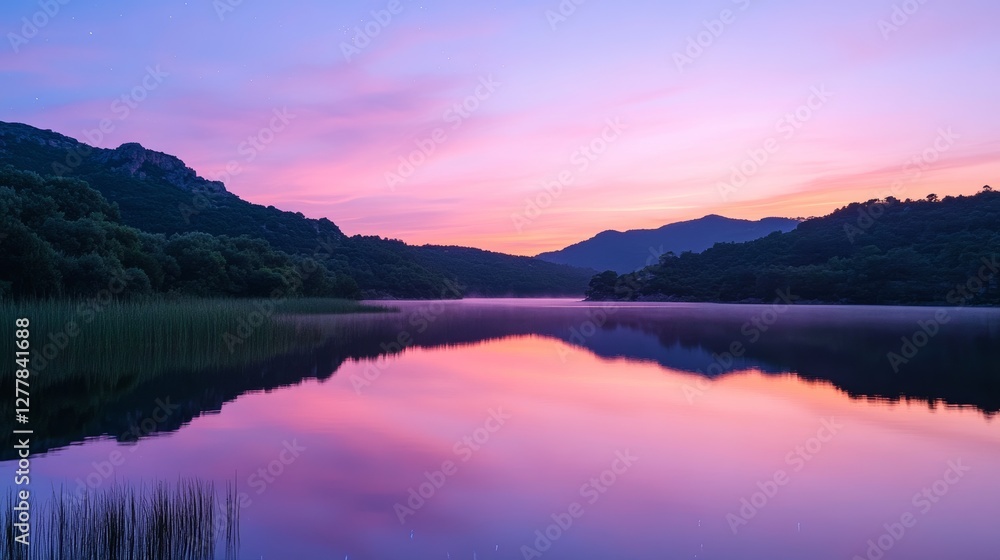 Fototapeta premium Ripples on a mirror calm lac de Codole in the Balagne region of Corsica at dawn with a pink and purple star filled sky
