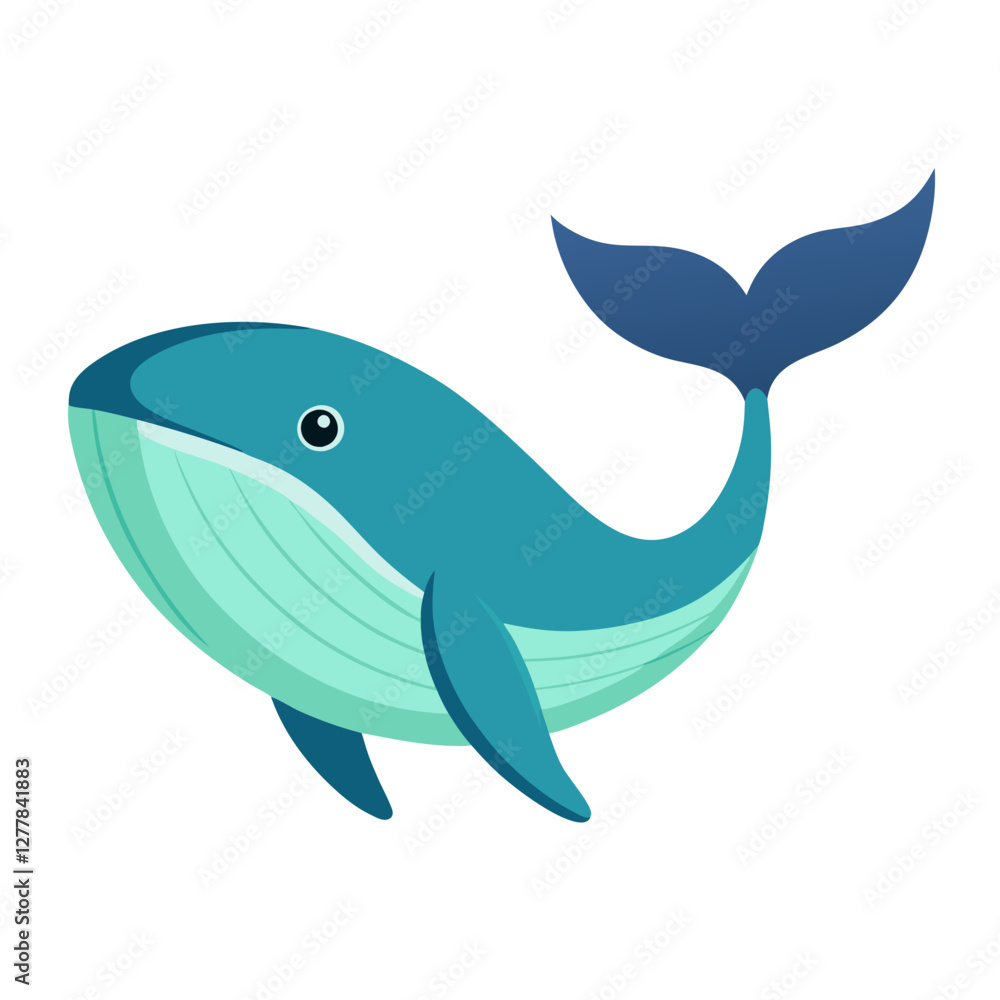 Obraz premium Cartoon Whale with Blue Body Vector Illustration, A cute vector illustration of a cartoon whale with a blue body, smiling face, and flowing tail, perfect for ocean or animal themes. 