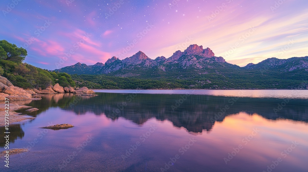 Fototapeta premium Ripples on a mirror calm lac de Codole in the Balagne region of Corsica at dawn with a pink and purple star filled sky