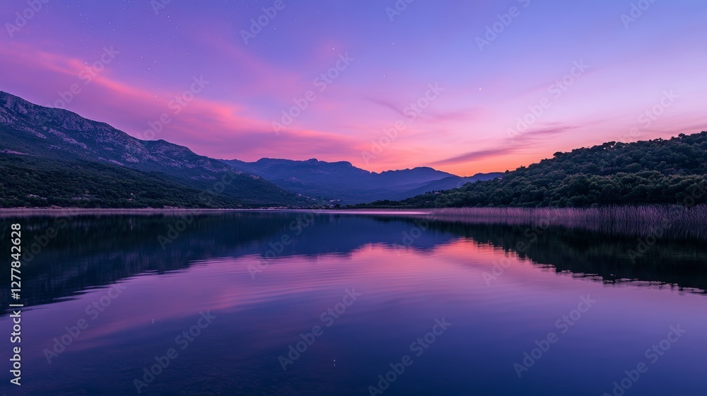 Fototapeta premium Ripples on a mirror calm lac de Codole in the Balagne region of Corsica at dawn with a pink and purple star filled sky