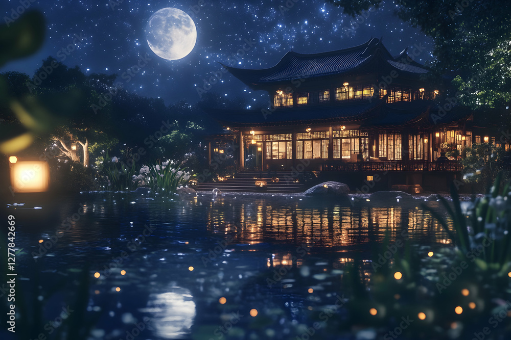 Obraz premium A glowing Asian-style house by a pool, surrounded by plants and water. The moon reflects over the pool's surface, with stars twinkling above in a captivating, high-resolution night scene.
