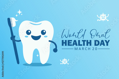 Concept of World Oral Health Day. Happy smiling tooth holding a toothbrush with sparkling clean and strong healthy teeth. Dental healthcare background with hygiene elements. Flat vector illustration.