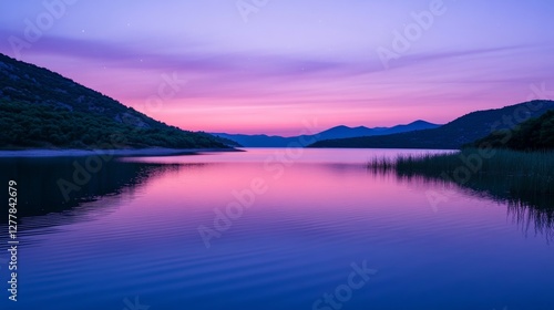 Ripples on a mirror calm lac de Codole in the Balagne region of Corsica at dawn with a pink and purple star filled sky photo