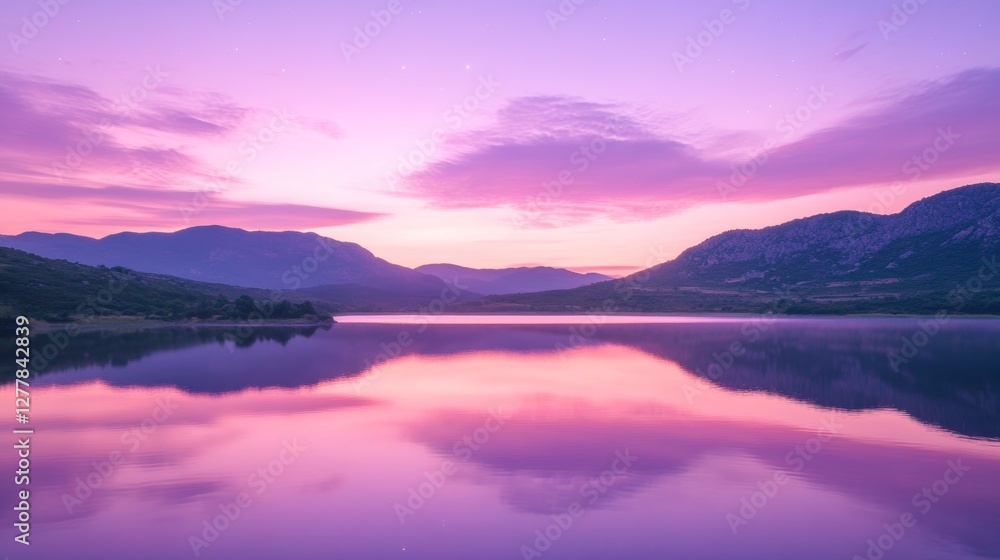 Ripples on a mirror calm lac de Codole in the Balagne region of Corsica at dawn with a pink and purple star filled sky Ripples on a mirror calm lac de Codole in the Balagne region of Corsica at dawn with a pink and purple star filled sky