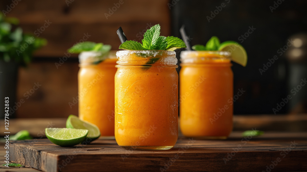 Fototapeta premium Refreshing orange smoothie served in frosted mason jars with mint leaves and lime slices. Perfect for summer drink or healthy snack