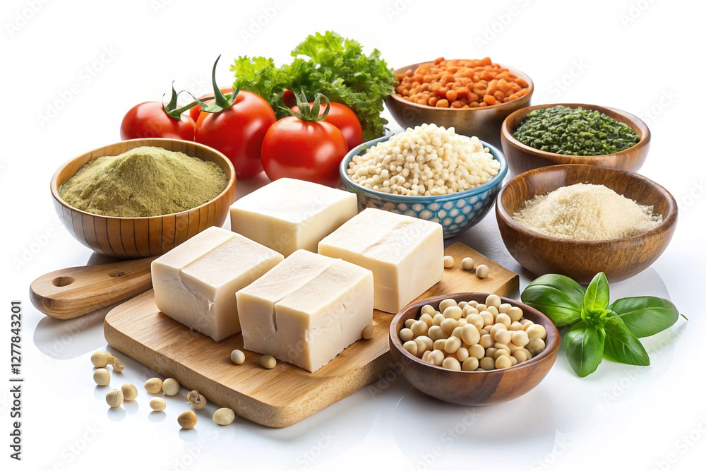 Vegan tofu, lentils, rice, and vegetables on white background, healthy eating, recipe Vegan tofu, lentils, rice, and vegetables on white background, healthy eating, recipe