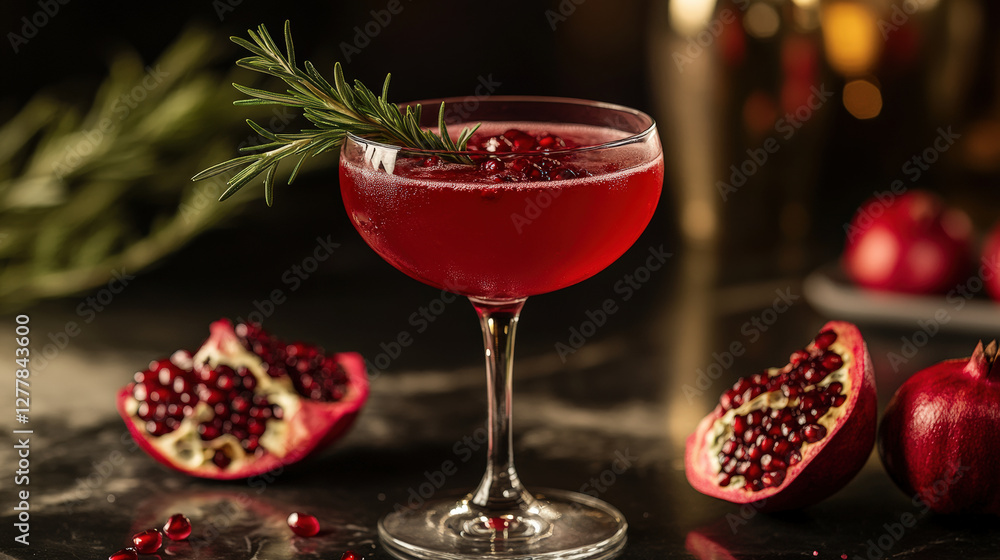 vibrant pomegranate cocktail garnished with rosemary, surrounded by fresh pomegranates. rich red color and elegant glass create festive atmosphere vibrant pomegranate cocktail garnished with rosemary, surrounded by fresh pomegranates. rich red color and elegant glass create festive atmosphere