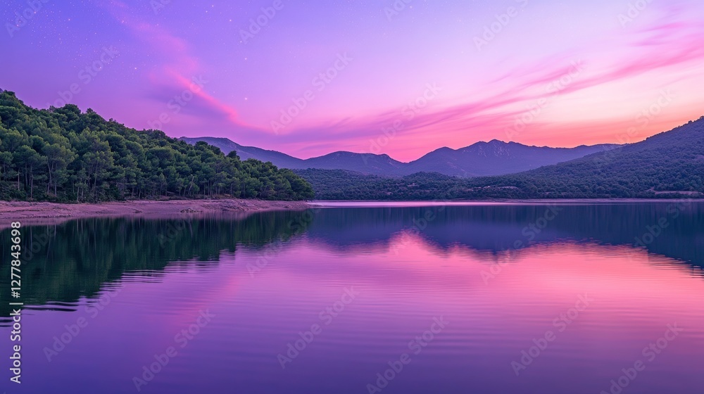 Fototapeta premium Ripples on a mirror calm lac de Codole in the Balagne region of Corsica at dawn with a pink and purple star filled sky