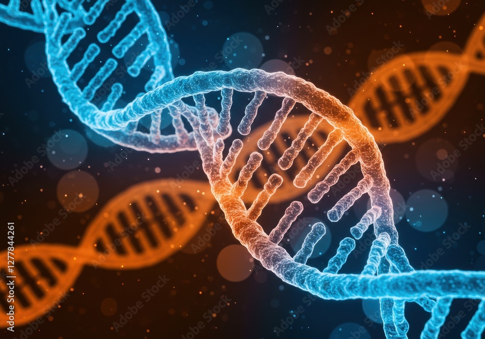Glowing blue and orange dna helix against abstract background Glowing blue and orange dna helix against abstract background