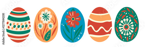 Set of Colored easter eggs. Flat vector illustrations isolated on white background. Collection of Paschal symbols with various ornaments, flowers, stripes, dots for religious holiday celebration.