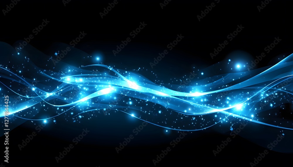 Abstract blue waves with light and sparkles over black Abstract blue waves with light and sparkles over black