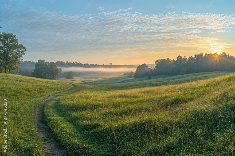 Obraz premium Serene sunrise over misty valley with winding dirt path through lush green meadow and scattered trees creating a peaceful landscape