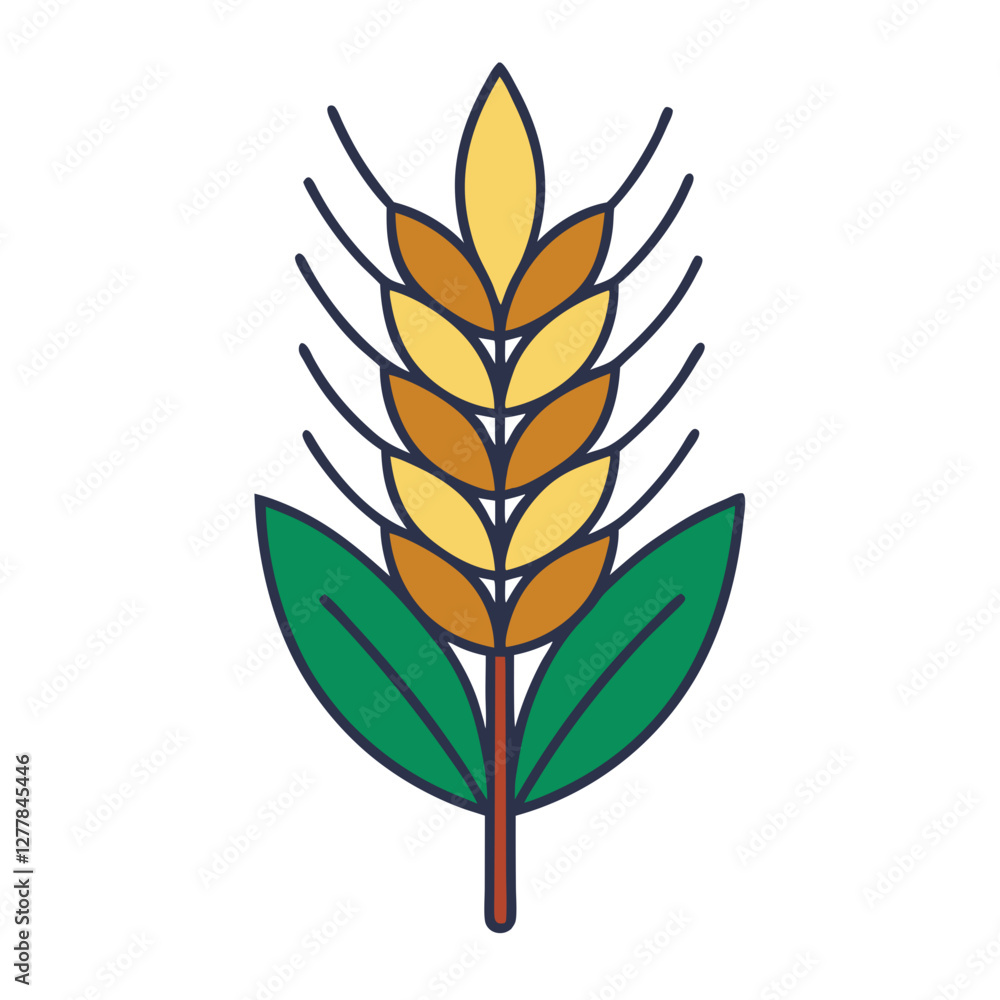 Stylized Wheat Ear with Yellow Grains and Green Leaves Vector, A vector illustration of a stylized wheat ear with yellow grains and green leaves, symbolizing harvest, agriculture, and nature.
Stylized Wheat Ear with Yellow Grains and Green Leaves Vector, A vector illustration of a stylized wheat ear with yellow grains and green leaves, symbolizing harvest, agriculture, and nature.