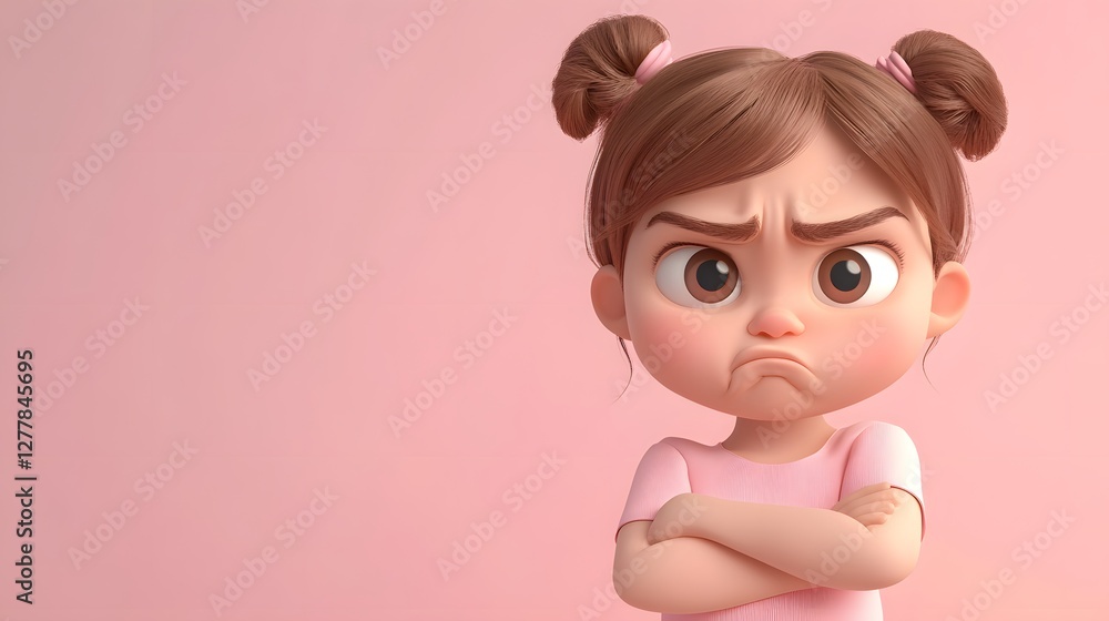 Frustrated cartoon child with crossed arms studio digital art pink background close-up emotions Frustrated cartoon child with crossed arms studio digital art pink background close-up emotions