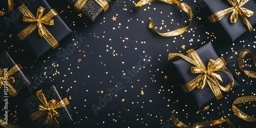 Black background with black gift boxes and golden ribbons, flat lay composition. Black cosmetic gift 