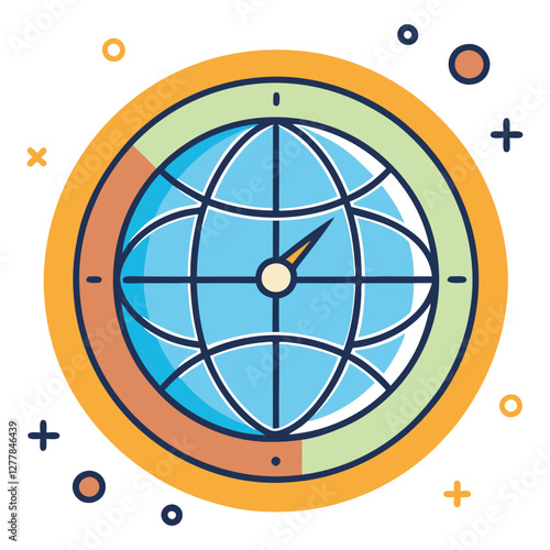 Vector compass globe with colorful orange and green frame, A vector illustration of a globe compass with a blue globe, an orange and green circular frame, and a central directional arrow.
