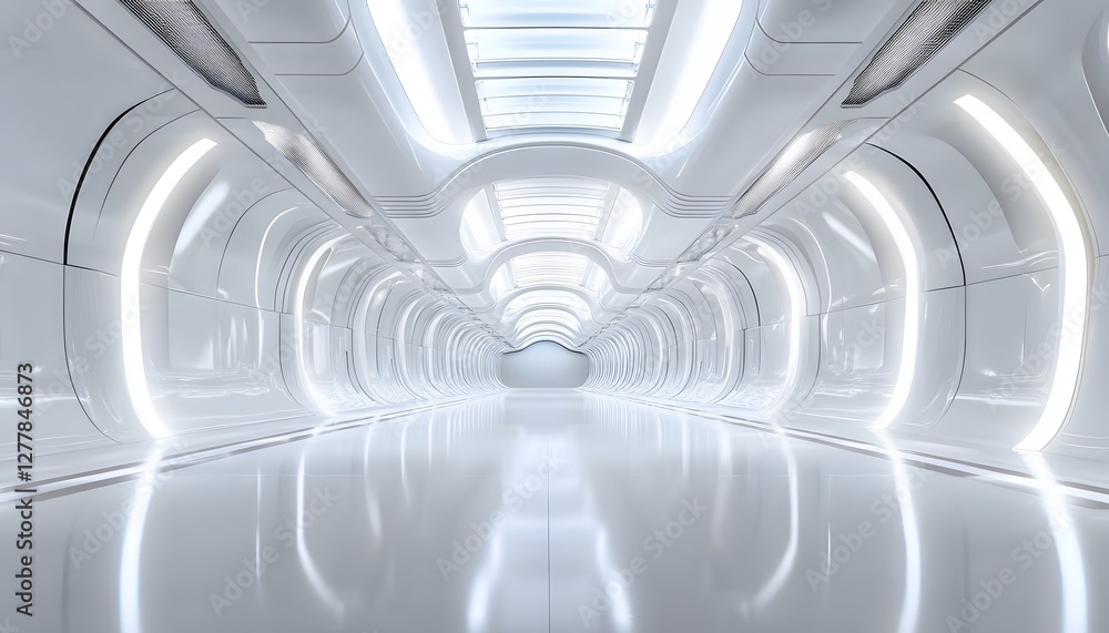 Obraz premium Futuristic bright white tunnel illuminated by integrated lighting systems
