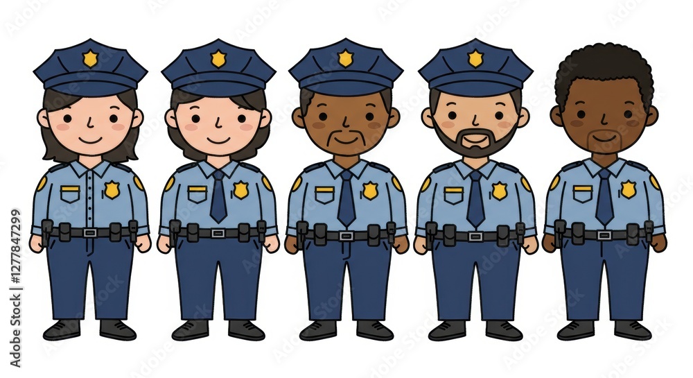 Cute cartoon police officers in uniform - diverse team of law enforcement characters Cute cartoon police officers in uniform - diverse team of law enforcement characters