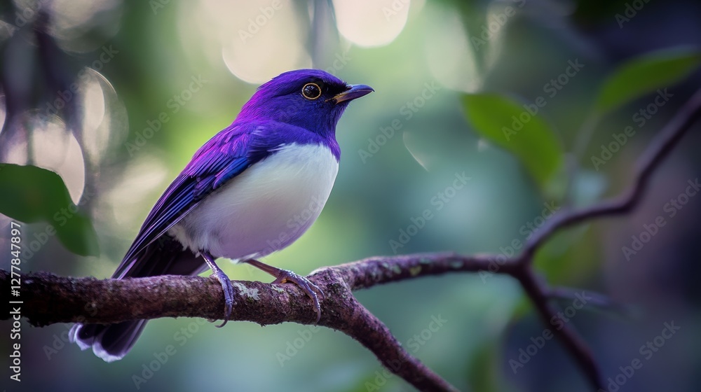 Soft focus portrait of an exotic Purple and white Tropical Bird perched on a tree branch Soft focus portrait of an exotic Purple and white Tropical Bird perched on a tree branch