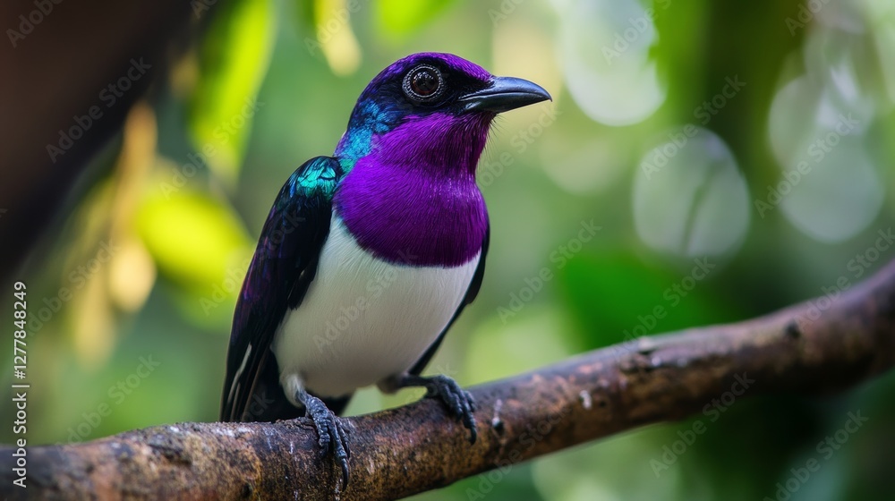 Fototapeta premium Soft focus portrait of an exotic Purple and white Tropical Bird perched on a tree branch