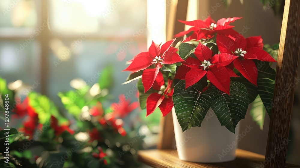 Fototapeta premium Vibrant Poinsettia in a White Pot Basking in Sunlight