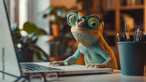 Chameleon working on a laptop. AI.