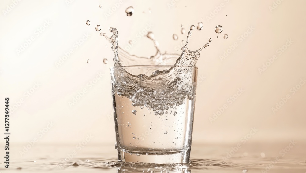 Splashing Water in Glass Against Light Beige Background Splashing Water in Glass Against Light Beige Background