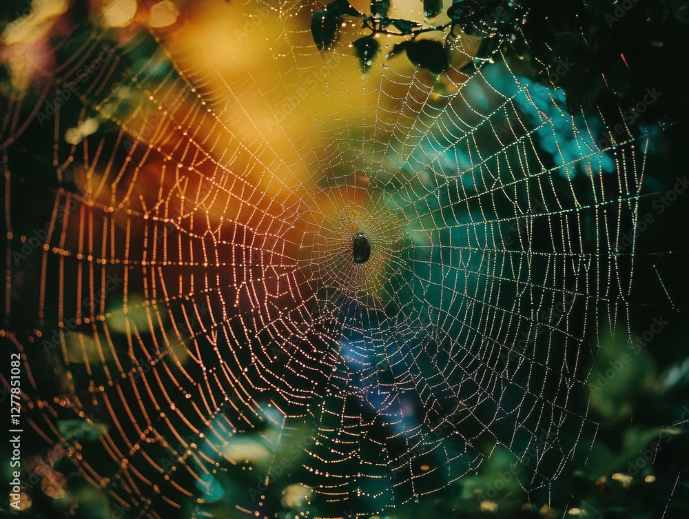 Naklejka premium Dew-kissed spiderweb glistening in the morning light. AI.