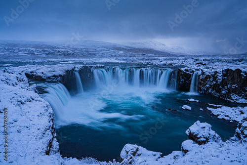 The Godafoss waterfall, winter time, north region of Iceland.