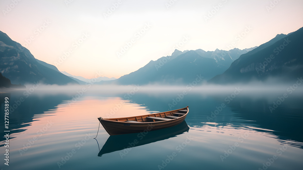 A lonely wooden boat floats on a crystal-clear lake, surrounded by towering mountains during a soft, pastel sunrise. Mist touches the water, creating a peaceful, photorealistic atmosphere. A lonely wooden boat floats on a crystal-clear lake, surrounded by towering mountains during a soft, pastel sunrise. Mist touches the water, creating a peaceful, photorealistic atmosphere.