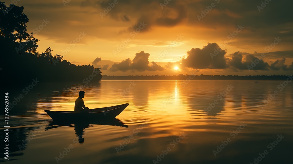 Rowing Boat on Calm Lake at Sunset with Golden Light Reflections Rowing Boat on Calm Lake at Sunset with Golden Light Reflections