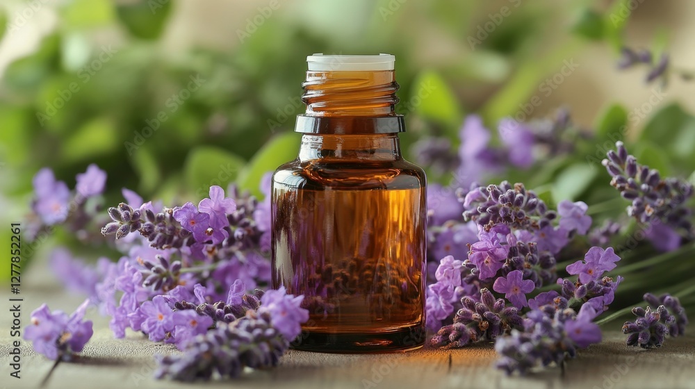 Aromatic Lavender Essential Oil in Amber Bottle with Blooming Purple Flowers for Natural Wellness and Relaxation on Wooden Table Aromatic Lavender Essential Oil in Amber Bottle with Blooming Purple Flowers for Natural Wellness and Relaxation on Wooden Table