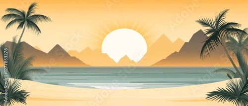 A beautiful beach scene with palm trees and mountains in the background