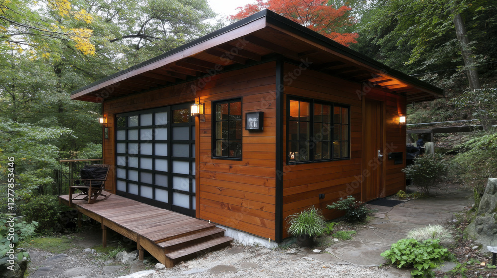 Modern wooden cabin surrounded by nature with large windows and deck Modern wooden cabin surrounded by nature with large windows and deck