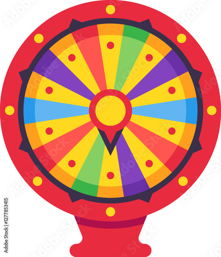 Fortune wheel spinning with many colored segments and a yellow pointer indicating winning options, creating excitement and anticipation for games, raffles, or contests