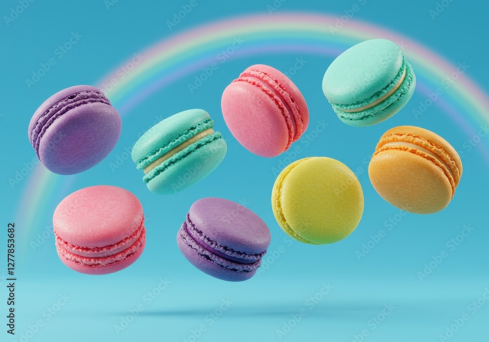 Colorful macarons floating on a blue background with rainbow Colorful macarons floating on a blue background with rainbow