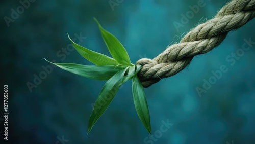 Green sprout entwined with rope, blurred teal background photo