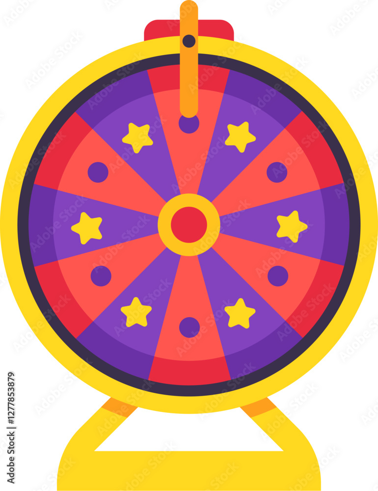 Wheel of fortune with purple and red segments decorated with golden stars spinning on yellow stand representing luck, chance and prize during lottery or gambling game Wheel of fortune with purple and red segments decorated with golden stars spinning on yellow stand representing luck, chance and prize during lottery or gambling game
