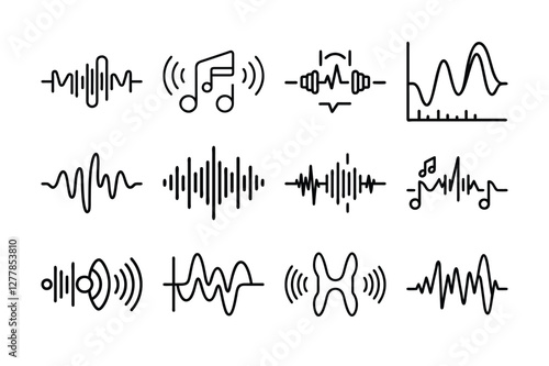 Collection of Black Line Art Audio and Music Icons