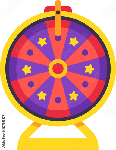 Wheel of fortune with purple and red segments decorated with golden stars spinning on yellow stand representing luck, chance and prize during lottery or gambling game
