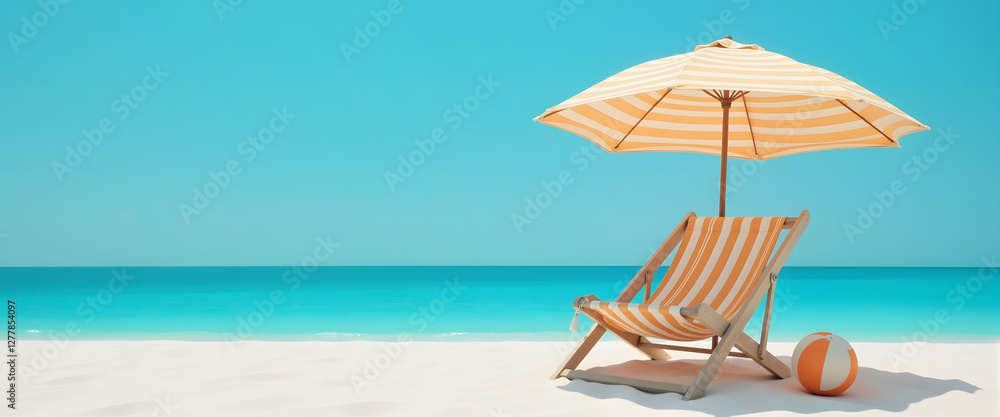 Fototapeta premium Relaxing summer vacation background with beach chair and sun umbrella on tropical sand by the ocean